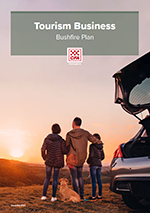 The image has the title of the Tourism Business Bushfire Plan and a family of four looking out from a hill into the sunset.  Their car is on the right of them and the boot is open.